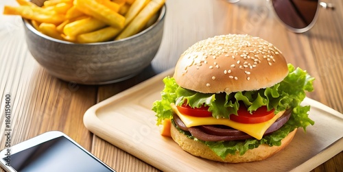 A delicious burger with french fries and a drink presented on wooden surface