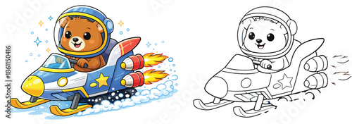 A coloring book page outline vector illustration of a cute cartoon bear astronaut riding a rocket snowmobile