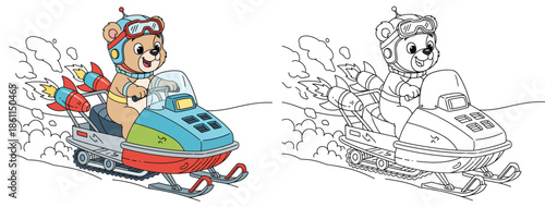 Cute cartoon bear astronaut riding a rocket snowmobile with coloring book page outline vector illustration