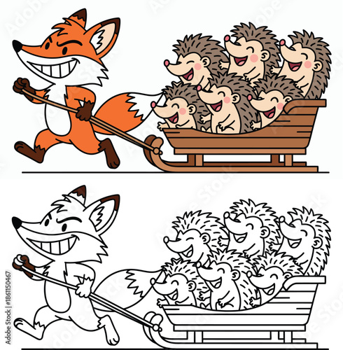 Funny cartoon fox pulling a sled with happy hedgehogs and coloring book page outline vector illustration