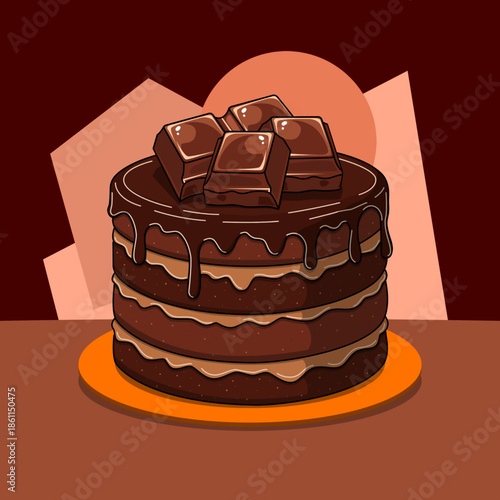 A multi-layered chocolate cake. This cake features three thick layers of rich chocolate sponge cake, topped with individual chocolate bar pieces. National Chocolate Cake Day, January 27th
