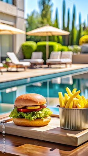 Relaxation by the poolside a delicious burger and fries in a resort setting