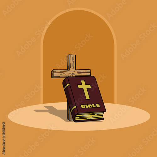 A burgundy-colored Bible leaning against a simple wooden cross. The Bible is adorned with a gold cross on its cover and the word "BIBLE" written in bold, gold lettering. National Bible Day, January