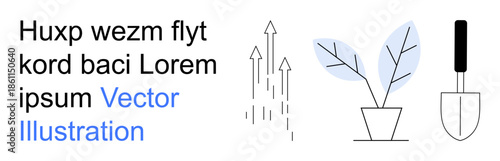 Gardening, environmental sustainability, growth, progress, minimal design, creative ideas. Features a plant in a pot, upward arrows and a trowel. Gardening and environmental sustainability concept