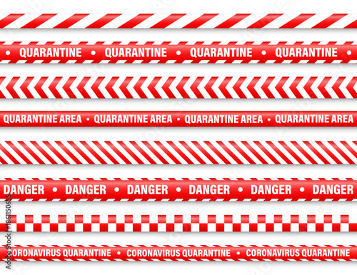 Quarantine zone warning tape. Novel coronavirus outbreak. Global lockdown. Red coronavirus danger stripe. Police caution line, restricted area. Construction tape. Vector illustration