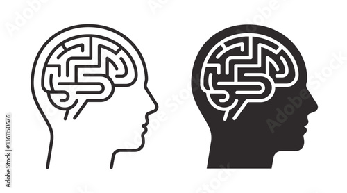 Neural awareness icon illustrating mental processing, cognitive perception and brain activity inside human head profile. Line and solid vector icon.