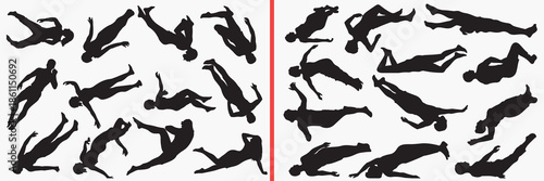 falling people silhouette vector, jumping human black silhouettes, motion action illustration set, free fall outline art, dynamic body vector collection, extreme movement icon set, action clipart silh
