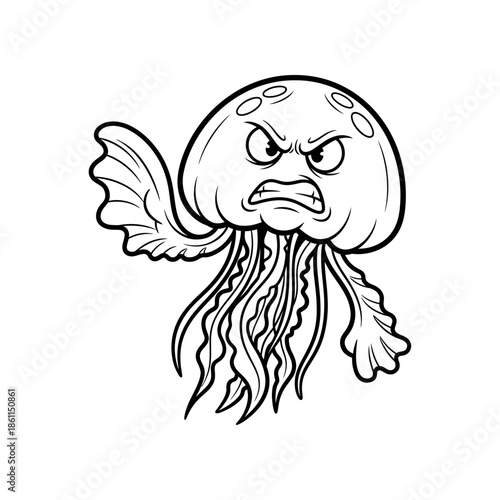 An illustration of an angry jellyfish with a frowning face and tentacles swims through the ocean.