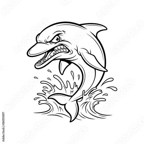 Aggressive dolphin jumps out of ocean waves in dynamic illustration scene.