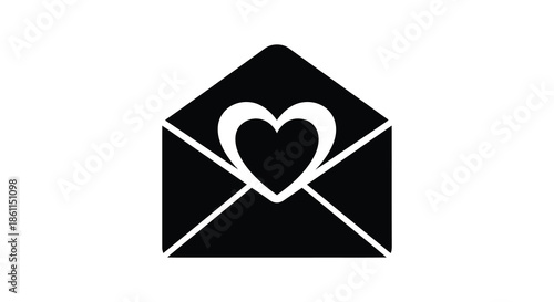 A black and white image depicting an envelope with a heart shaped opening silhouette