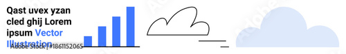 Data analytics, cloud storage, technology integration, business growth, connectivity, performance tracking. Blue-growing bar chart, cloud icon connection lines. Data analytics and technology