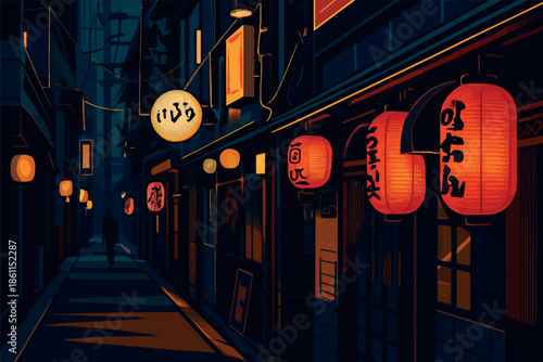 Tokyo - Atmospheric night alley in Japan illuminated by traditional red lanterns