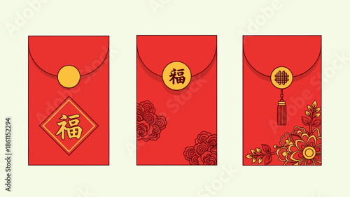 Chinese New Year red envelopes with symbolic charms and decorations