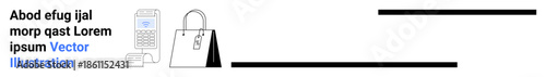 Online shopping, cashless payments, e-commerce, retail transactions, mobile banking, digital wallets. Digital payment terminal and shopping bag. Online shopping, cashless payments concept