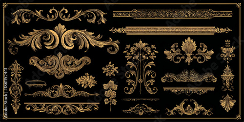 Elegant gold ornate border design elements isolated on white background, illustration