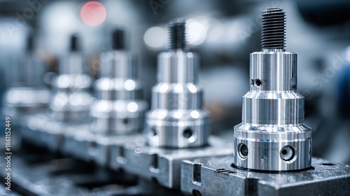 Precision metal parts lined up, showcasing industrial manufacturing and engineering excellence, highlighting threading and meticulous design in a neutral setting.