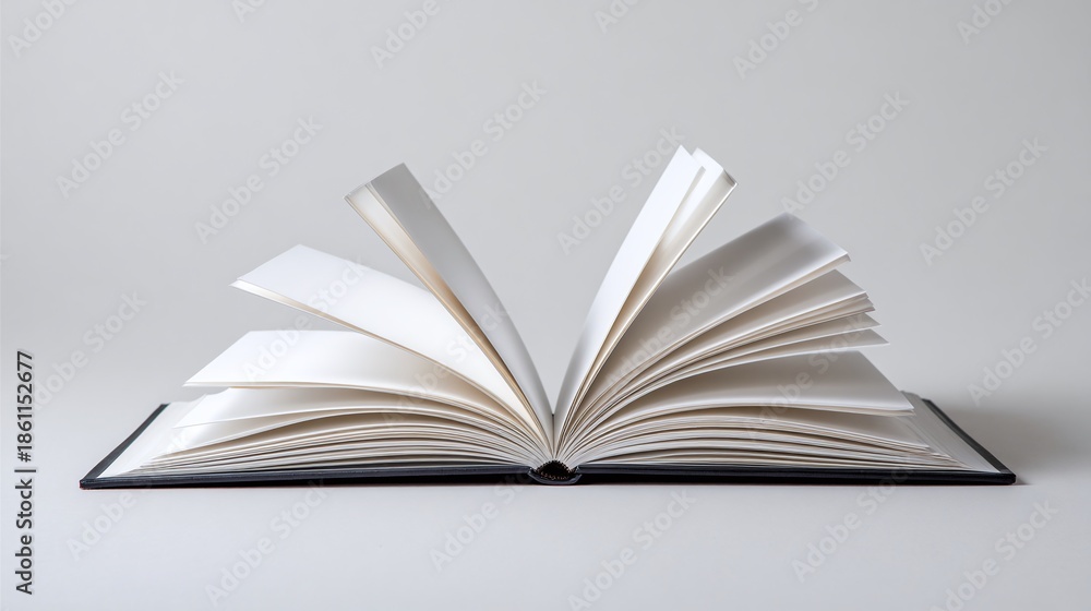 Fototapeta premium Open book on a table with white pages. The book is lying flat on a table, pages spread open to the center, with a black cover. Simple yet inviting read, write, learn!