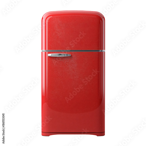 Vintage Red Fridge Standing Alone on a White Background in a Bright Space