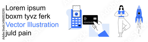 Contactless payment, business, technology, entrepreneurship, creativity, innovation. Hand holding a card near a payment terminal, a businesswoman and a rocket. Contactless payment and business