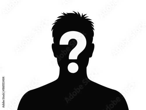 Minimalistic vector silhouette of a man, an anonymous person with a question mark on his face on transparent background. Icon avatar of an anonymous man with a question mark 
