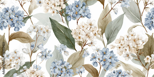 Blue and white floral pattern wallpaper isolated on white background, illustration