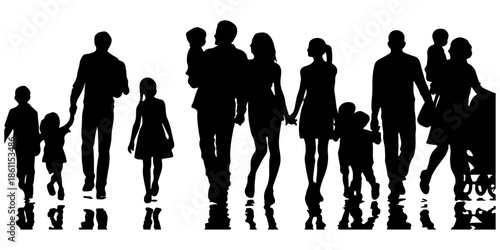 Silhouettes of families walking together isolated on white background, illustration