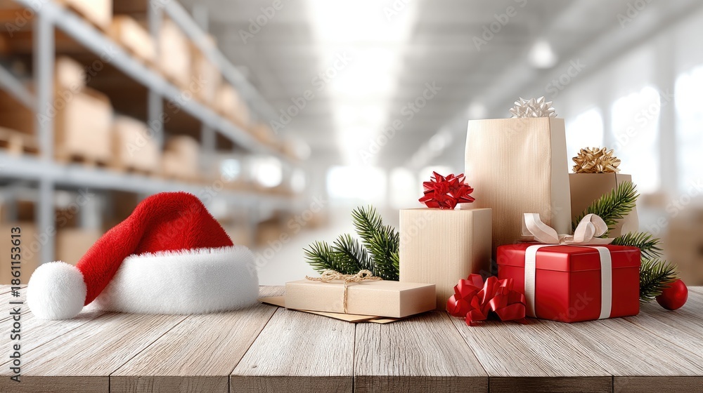 Obraz premium A collection of holiday gifts and decorations sits on a wooden table in a spacious warehouse filled with boxes, ready for Christmas