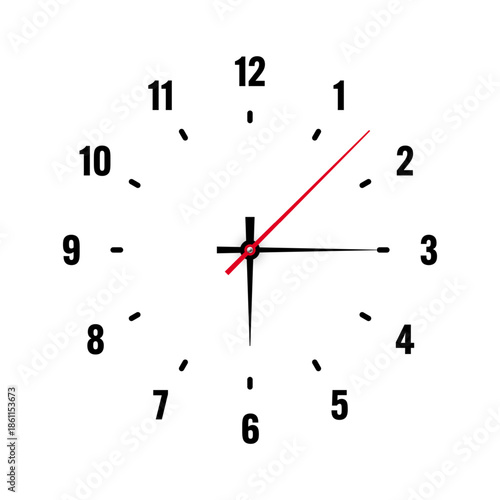 Mechanical clock face with arabic numerals, bezel. Watch dial with minute, hour marks and numbers. Timer or stopwatch element. Blank measuring circle scale with divisions. Vector illustration