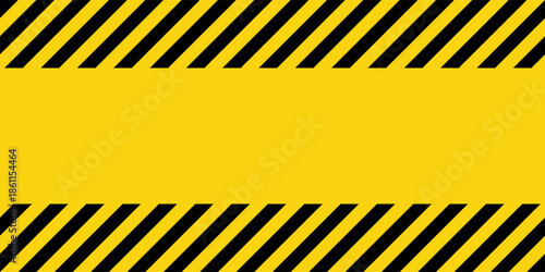 Warning sign with yellow and black diagonal lines. Attention, danger or caution symbol. Construction site signage, road safety notice, hazard banner, security alert shield. Vector illustration