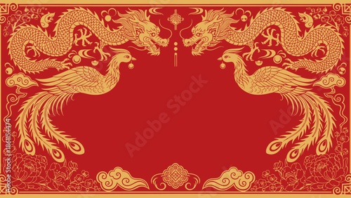 An ornate red and gold decorative border featuring dragons and phoenixes in an intricate design.