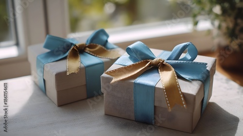 Two gift boxes with blue and gold ribbons sit near a window in soft sunlight