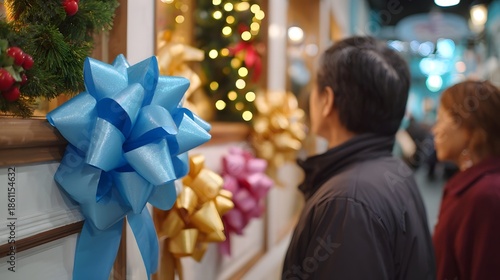 An older couple admires festive ribbon bows and holiday deco ns displayed in a shop window