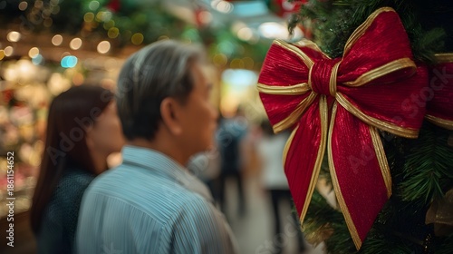 A close up of a festive red and gold bow on a Christmas tree with blurred people in the background