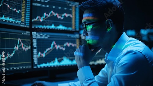 Asian Trader Analyzing Stock Market Data on Multiple Screens at Night
