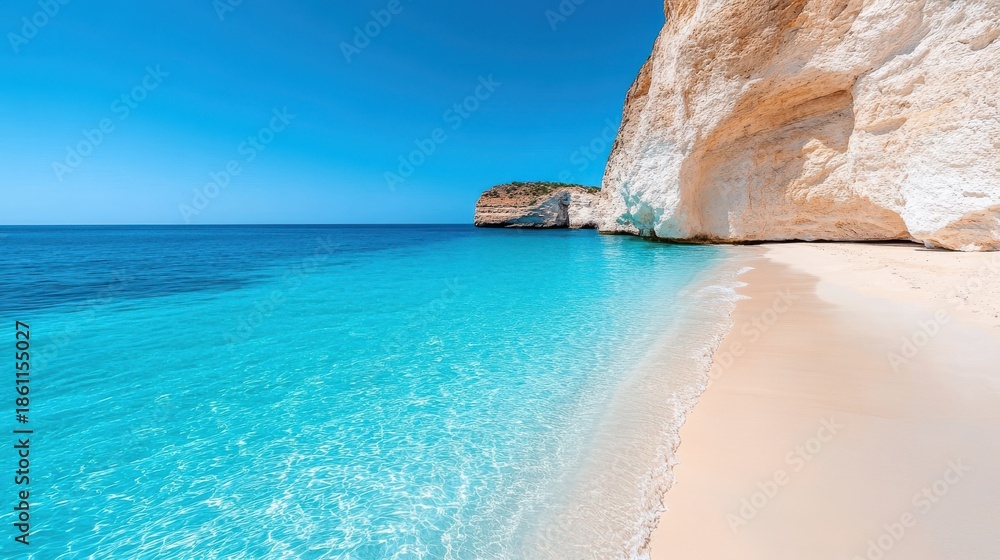 Fototapeta premium Explore the turquoise waters and sandy shores of Navaggio beach in Greece