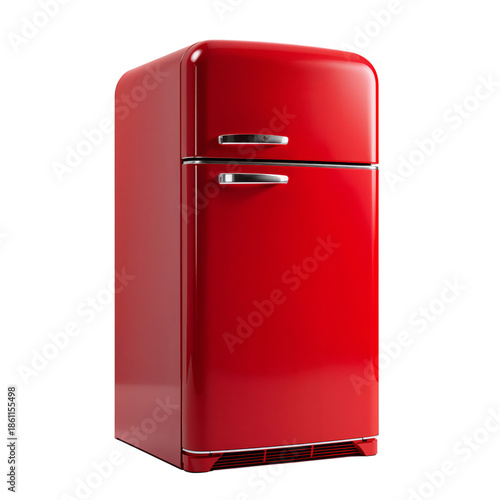 Vintage Red Fridge Standing Alone on a White Background in a Bright Space