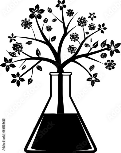 Laboratory flask transforming into a blooming tree black Silhouette , white background