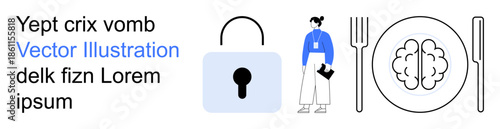 Data security, identity verification, business concepts, intellectual development, cybersecurity, mental health. A lock, a professional figure and a plate with a brain outlined. Data security