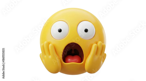 Yellow shocked emoji with wide-open eyes and hands on face, on transparent background