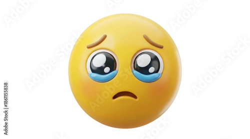 Sad emoji face with big eyes expressing sorrowful emotion on transparent background