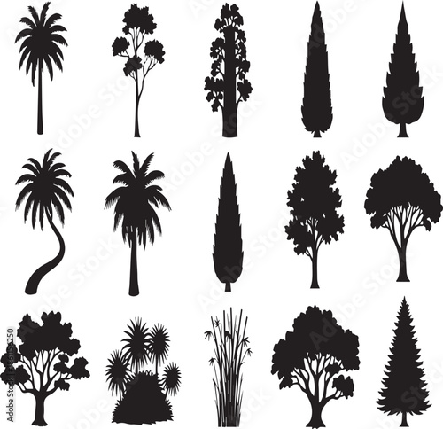 Assortment of black tree silhouettes on a white background palm tree pine tree