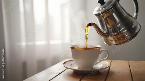 Hot coffee cup with steam near window light