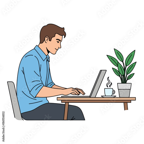 Man working on laptop with coffee and plant on desk, illustration, freelance and remote work