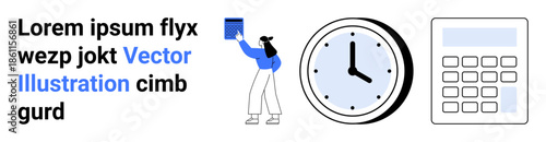 Education, planning, scheduling, time management, productivity, personal organization. A person holding a book, a clock and a calculator. Time management and productivity concept