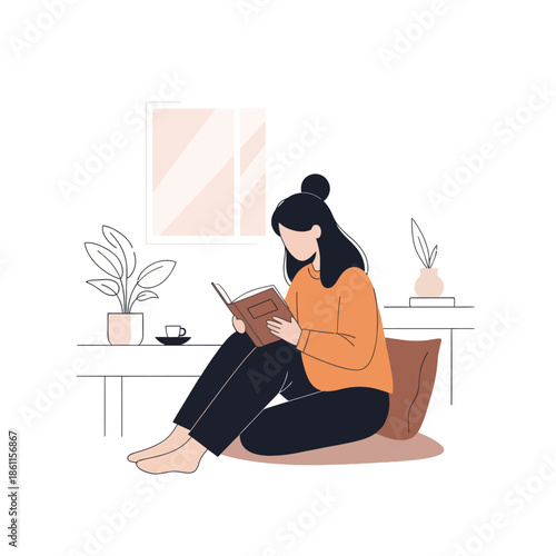 Woman reading book on floor at home, cozy lifestyle, illustration flat design