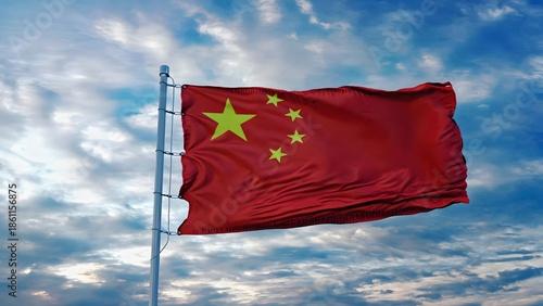 Red Chinese flag waving against cloudy sky