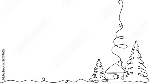 Christmas decoration. Winter country landscape. Small house and spruce trees