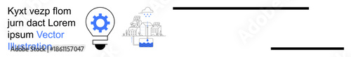 Innovation, sustainability, smart cities, water management, eco-technology, renewable energy. Gear within a light bulb alongside city skyline with water icons. Innovation and sustainability concepts