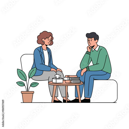 Therapist counseling patient in session, mental health support, discussion, white background