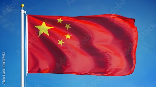 Chinese national flag waving against blue sky